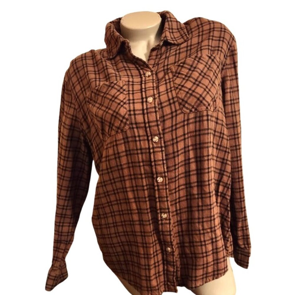 LIKE NEW WOMEN WARM BROWN FLANNEL PLAID BUTTON UP SHIRT SZ M